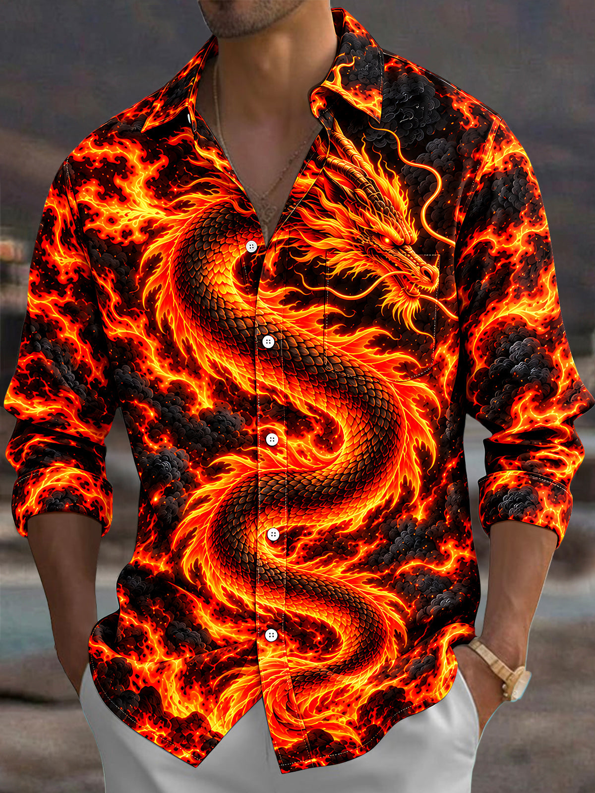 Adaychic Men's Graphic Flame Dragon Print Long Sleeve Shirt with Chest Pocket