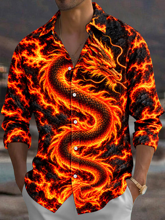 Adaychic Men's Graphic Flame Dragon Print Long Sleeve Shirt with Chest Pocket