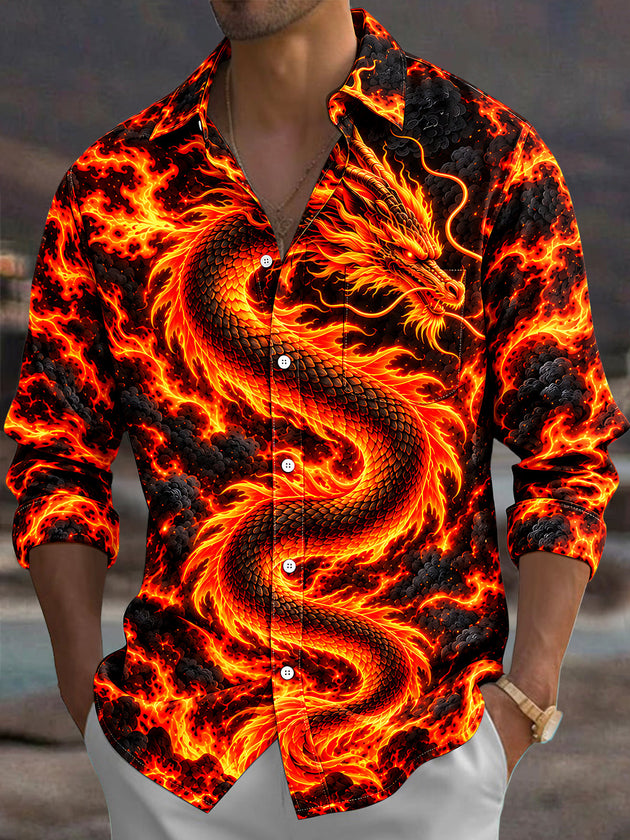 Adaychic Men's Graphic Flame Dragon Print Long Sleeve Shirt with Chest Pocket
