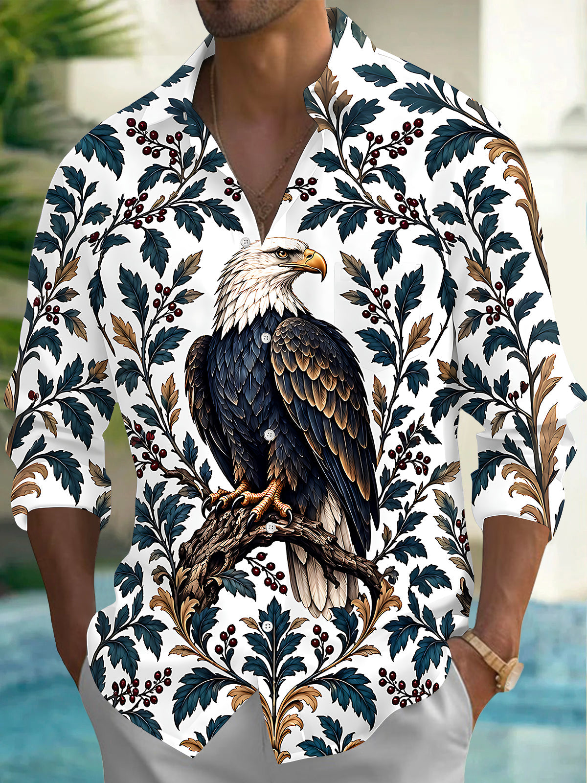 Adaychic Men's Printed Bald Eagle And Floral Branches Print Long Sleeve Shirt with Chest Pocket