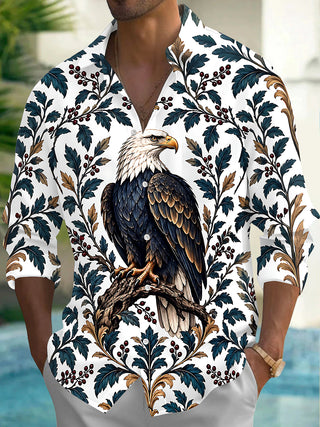 Adaychic Men's Printed Bald Eagle And Floral Branches Print Long Sleeve Shirt with Chest Pocket