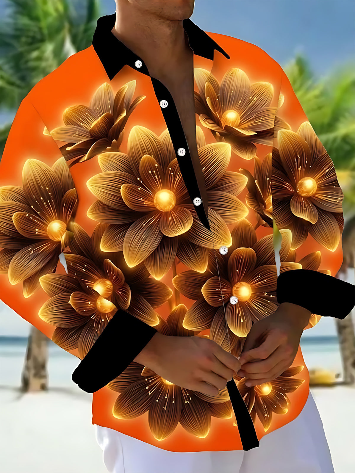 Adaychic Men's Hawaiian Glowing Golden Floral Pattern Long Sleeve Shirt with Chest Pocket