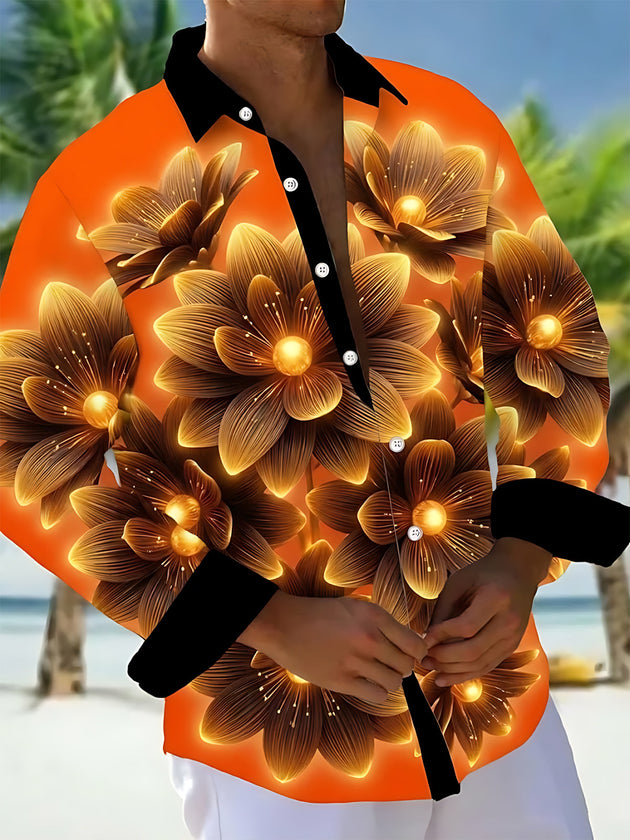 Adaychic Men's Hawaiian Glowing Golden Floral Pattern Long Sleeve Shirt with Chest Pocket