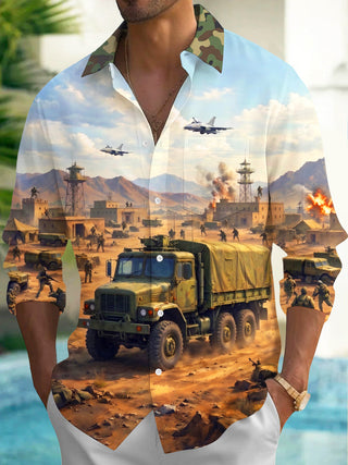 Adaychic Men's Long Sleeve Shirt - Desert Military Base Scene With Truck And Soldiers Print with Chest Pocket