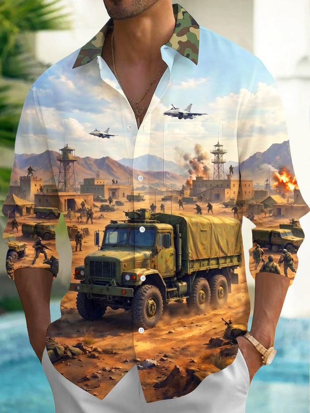 Adaychic Men's Long Sleeve Shirt - Desert Military Base Scene With Truck And Soldiers Print with Chest Pocket