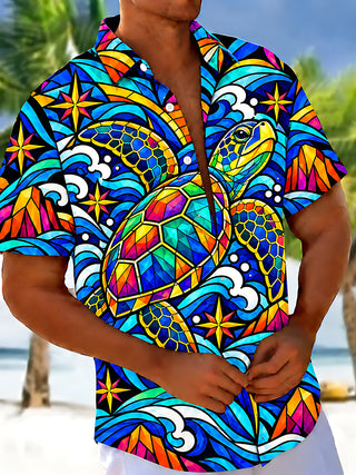 Adaychic Men's Hawaiian Sea Turtle Print Short Sleeve Shirt with Chest Pocket