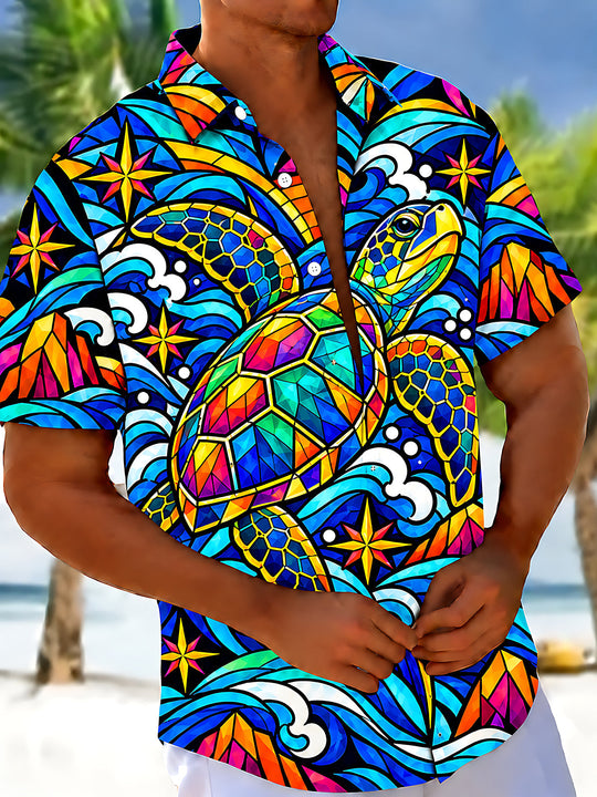 Adaychic Men's Hawaiian Sea Turtle Print Short Sleeve Shirt with Chest Pocket
