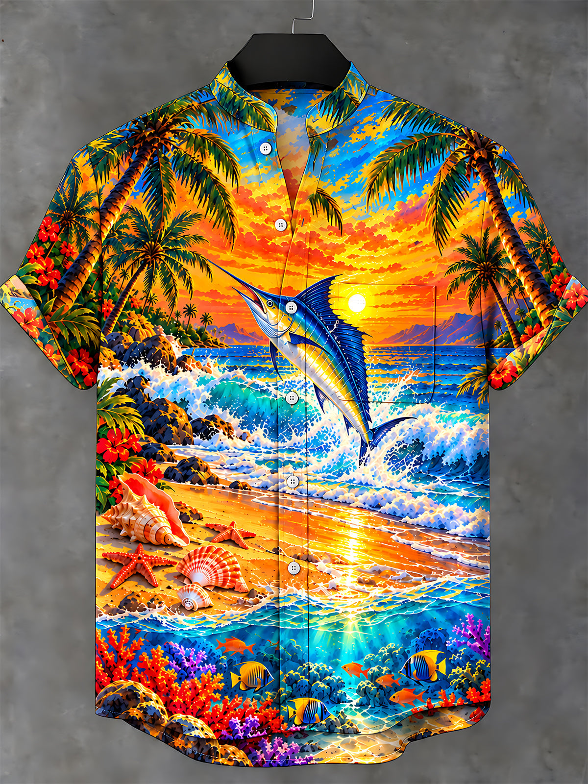 Adaychic Men's Short Sleeve Stand Collar Shirt - Sailfish And Tropical Beach Sunset Print with Chest Pocket