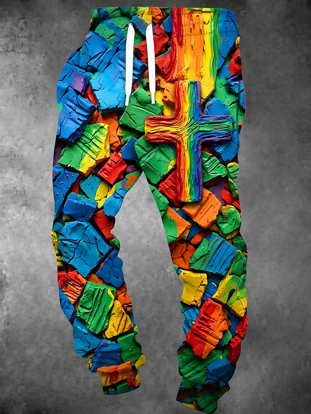 Adaychic Men's Graphic Rainbow Cross And Cracked Blocks Print Pants