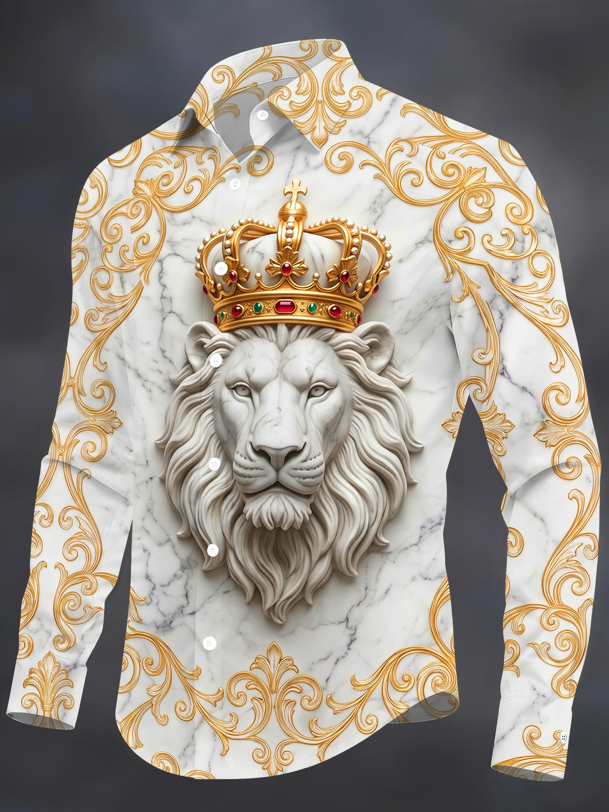 Adaychic Men's Printed Marble Lion With Golden Crown Print Long Sleeve Shirt with Chest Pocket