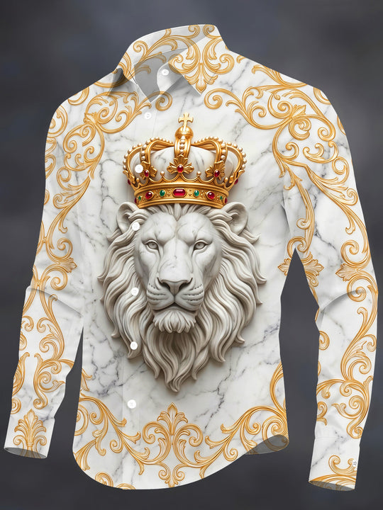 Adaychic Men's Printed Marble Lion With Golden Crown Print Long Sleeve Shirt with Chest Pocket