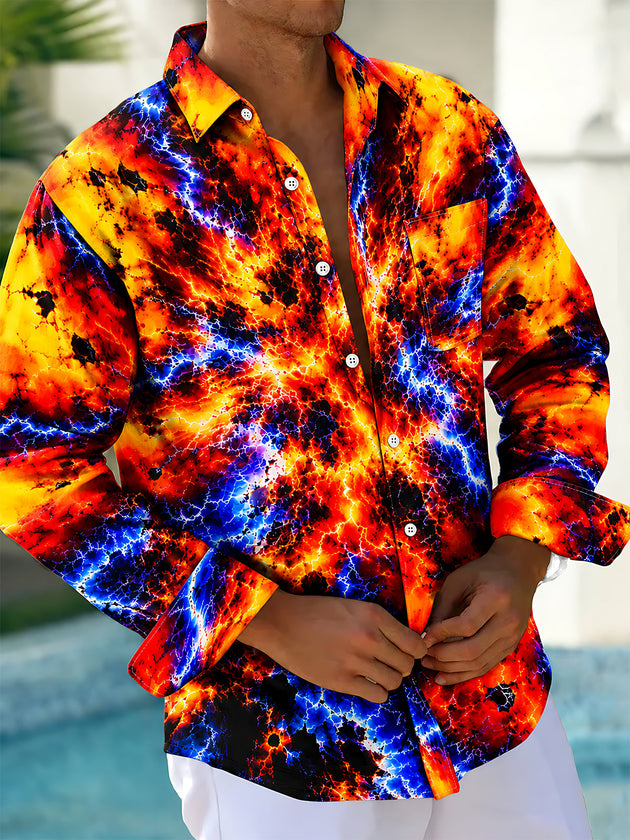 Adaychic Men's Tie Dye Abstract Lava And Lightning Pattern Long Sleeve Shirt with Chest Pocket