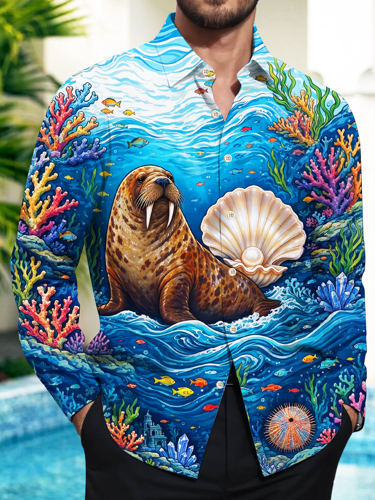 Adaychic Men's Walrus And Pearl Shell Print Long Sleeve Shirt with Chest Pocket