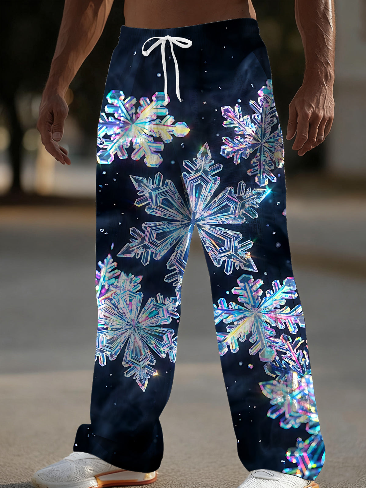Adaychic Men's Printed Holographic Snowflakes Print Pants