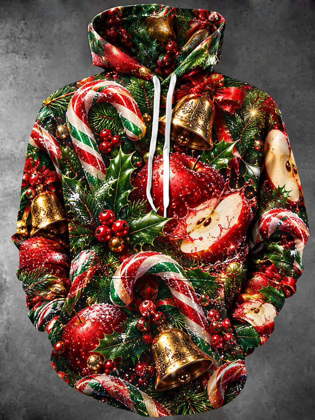 Adaychic Men's Christmas Apples And Candy Canes Print Long Sleeve Hoodie
