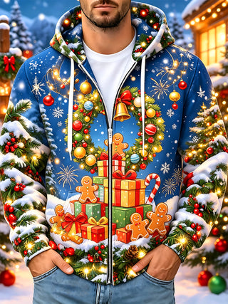 Adaychic Men's Long Sleeve Zip-Up Hoodie - Gingerbread Men And Christmas Wreath Print
