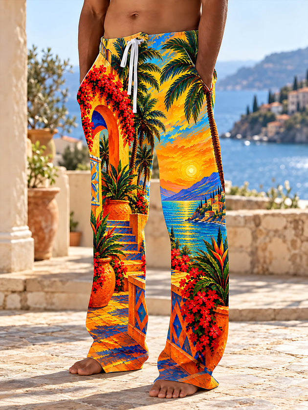 Adaychic Men's Pants - Tropical Coastal Sunset With Palm Trees And Red Flowers Print
