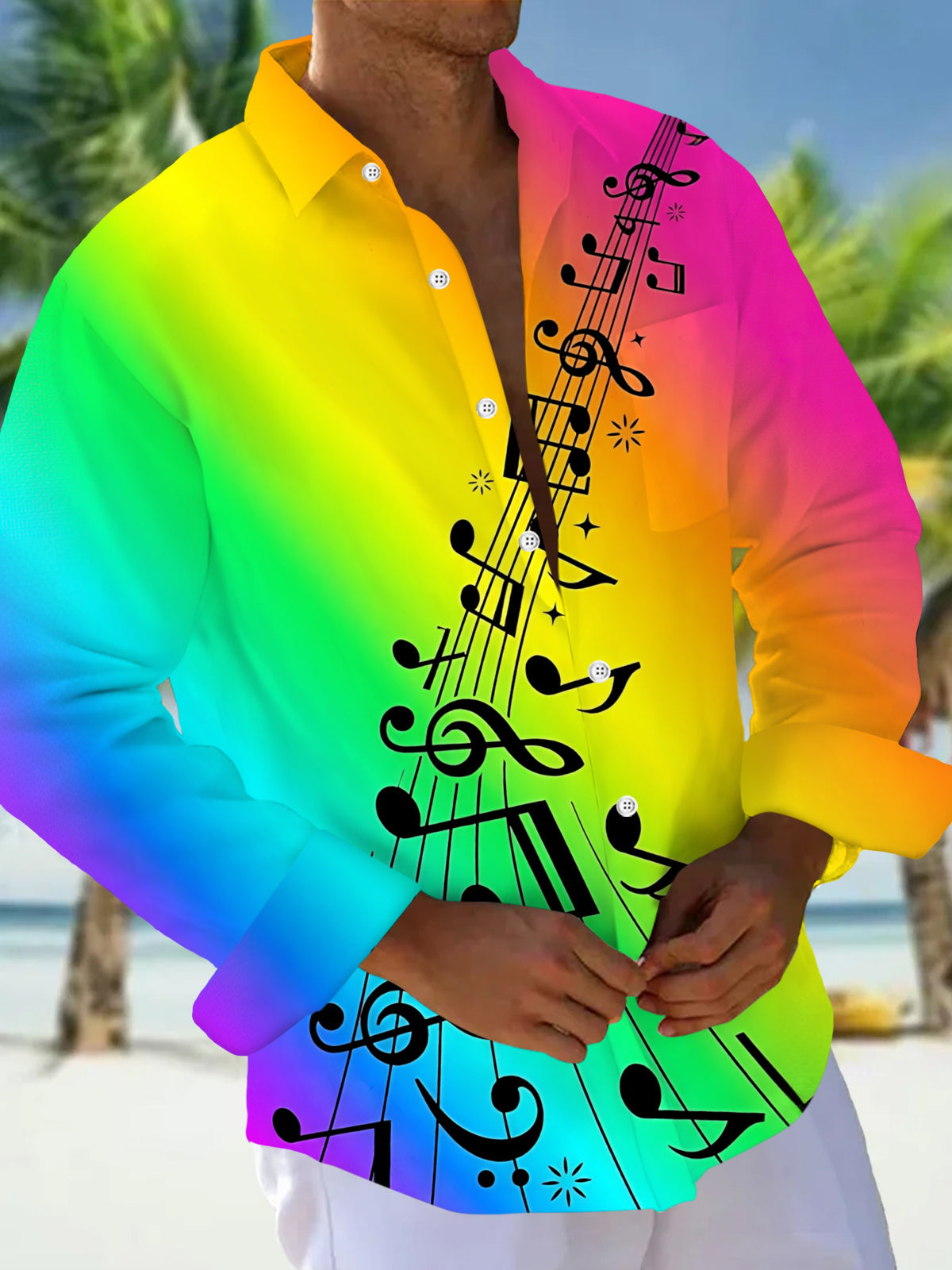 Adaychic Men's Long Sleeve Shirt - Rainbow Gradient With Musical Notes And Staff Print with Chest Pocket