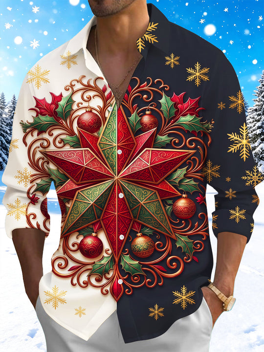 Adaychic Men's Christmas Star Holly Baubles Snowflakes Print Long Sleeve Shirt with Chest Pocket