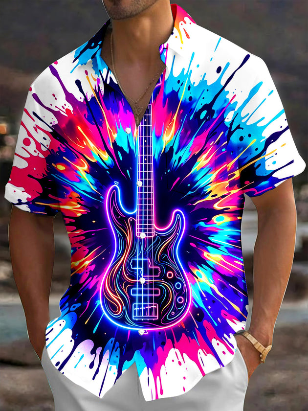 Adaychic Men's Short Sleeve Shirt - Neon Electric Guitar With Splatter Paint Print with Chest Pocket