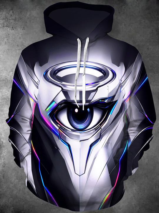 Adaychic Men's Long Sleeve Hoodie - Mechanical Cybernetic Eye With Neon Accents Print