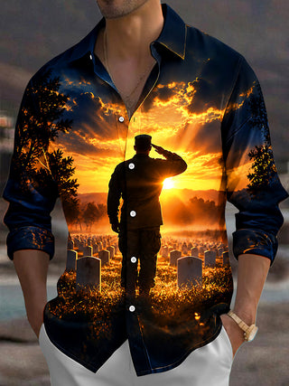Adaychic Men's Long Sleeve Shirt - Veterans Day Soldier Saluting In Cemetery At Sunset Print with Chest Pocket