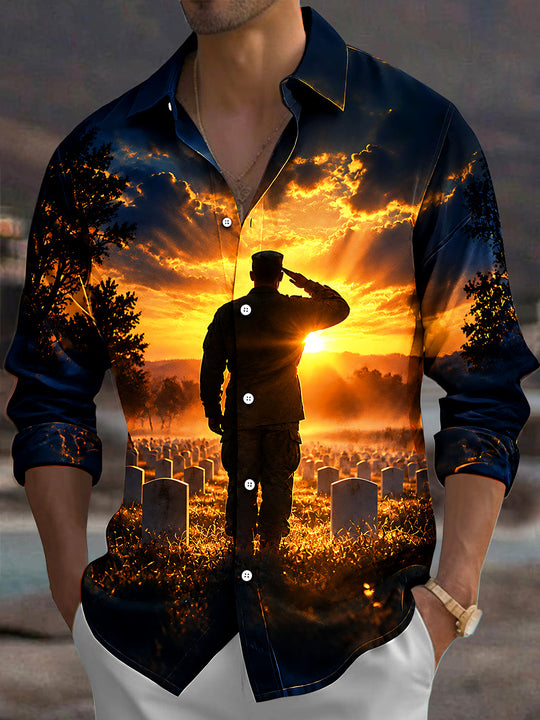 Adaychic Men's Long Sleeve Shirt - Veterans Day Soldier Saluting In Cemetery At Sunset Print with Chest Pocket