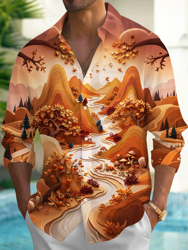 Men's Long Sleeve Shirt - Autumn Mountain Landscape With Foxes And Trees Print with Chest Pocket