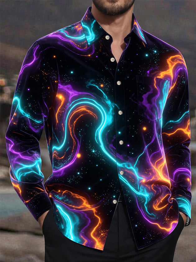 Adaychic Men's Long Sleeve Shirt - Abstract Cosmic Nebula And Swirling Colors Print with Chest Pocket