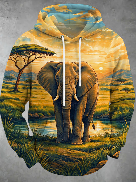 Adaychic Men's Long Sleeve Hoodie - African Elephant In Savanna Sunset Landscape Print