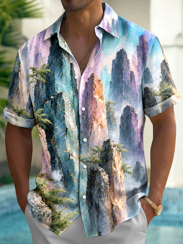Adaychic Men's Mountain Landscape With Pine Trees Print Short Sleeve Shirt with Chest Pocket