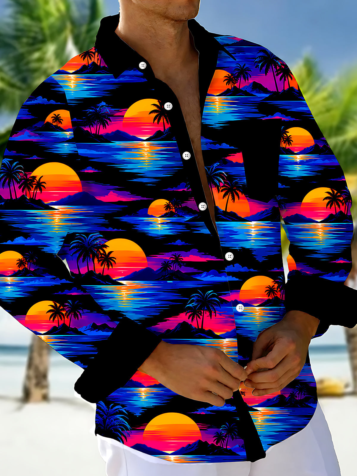 Adaychic Men's Neon Sunset Palm Trees And Ocean Waves Print Long Sleeve Shirt with Chest Pocket