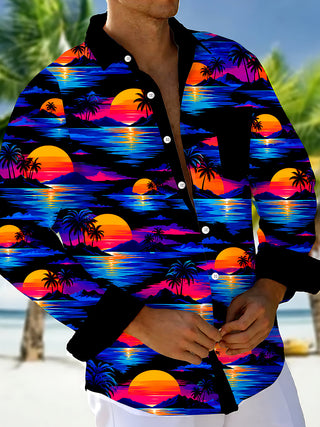 Adaychic Men's Neon Sunset Palm Trees And Ocean Waves Print Long Sleeve Shirt with Chest Pocket