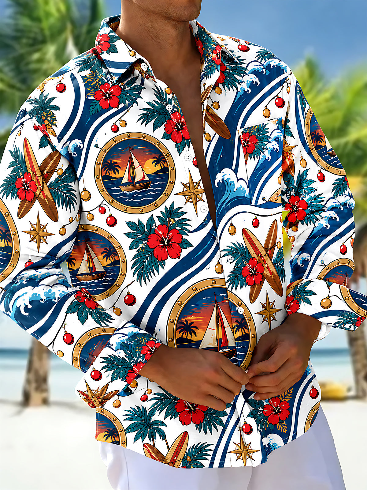 Adaychic Men's Long Sleeve Shirt - Christmas Ornaments And String Lights Print Sailing Boat In Porthole And Tropical Waves Print
