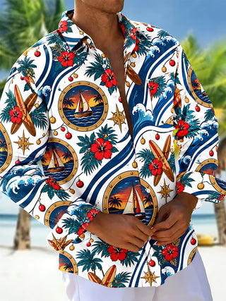 Adaychic Men's Long Sleeve Shirt - Christmas Ornaments And String Lights Print Sailing Boat In Porthole And Tropical Waves Print