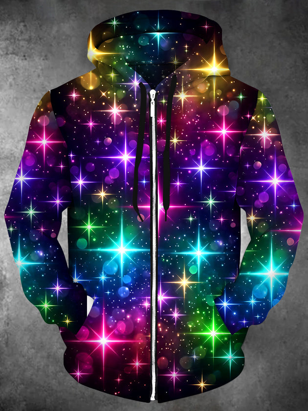 Adaychic Men's Colorful Starry Space Pattern Long Sleeve Zip-Up Hoodie with Kangaroo Pocket