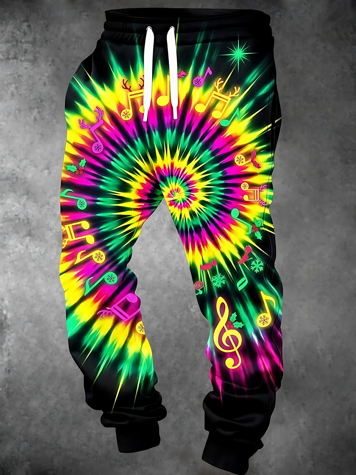 Adaychic Men's Pants - Tie Dye With Christmas Musical Notes And Reindeer Antlers Print