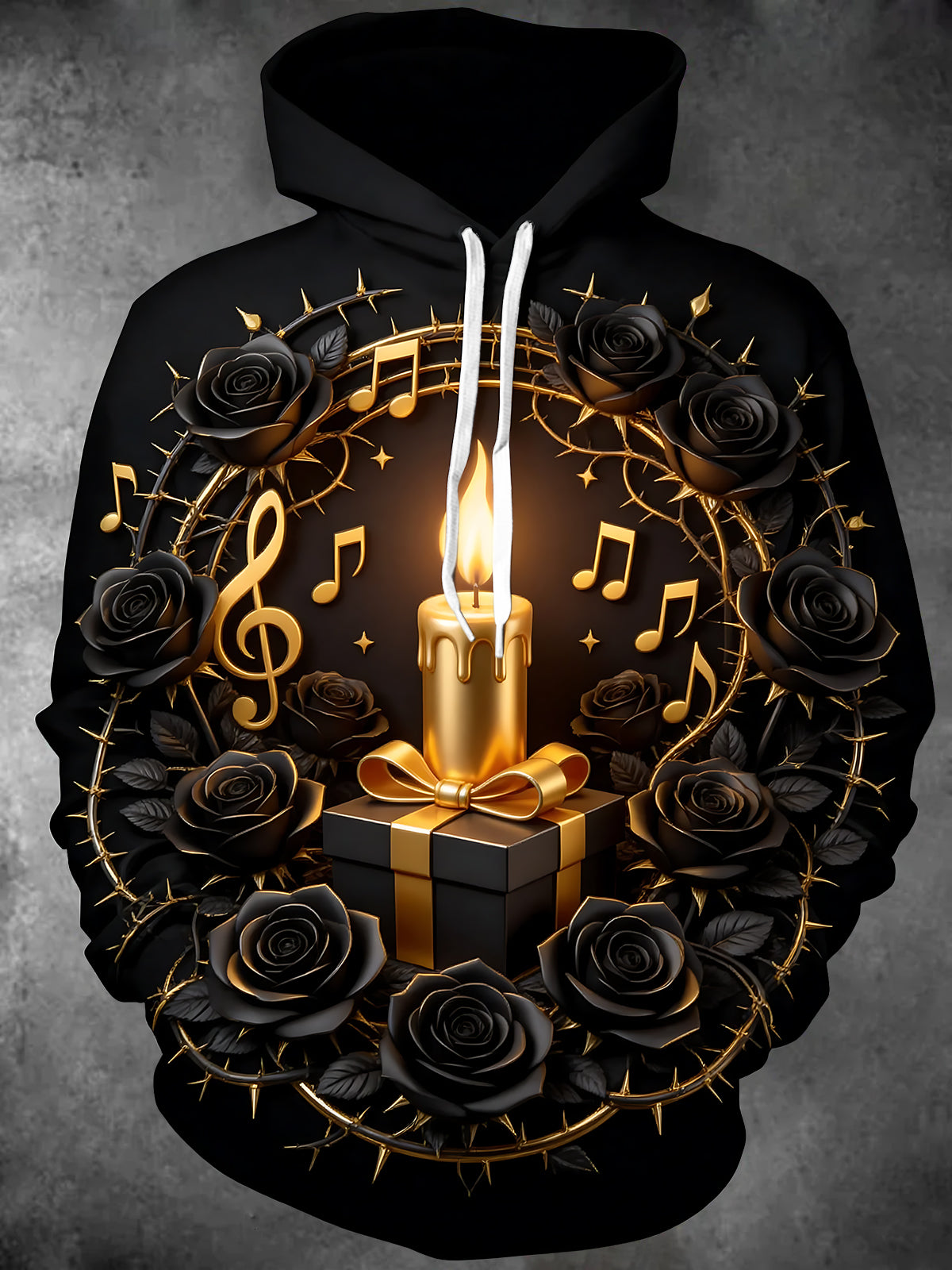 Adaychic Men's Black Roses And Gold Musical Notes Print Long Sleeve Hoodie
