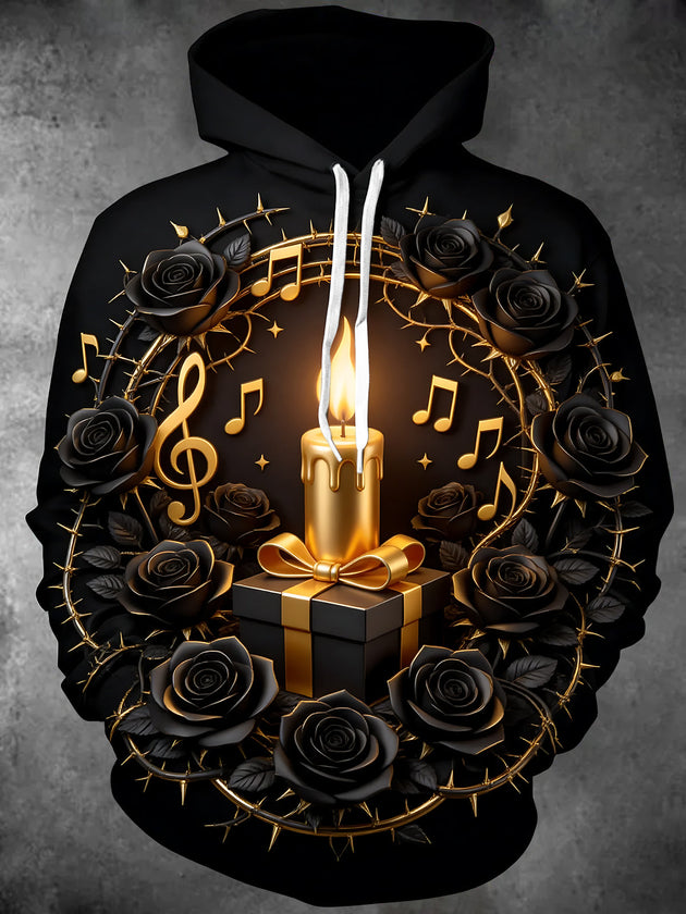 Adaychic Men's Black Roses And Gold Musical Notes Print Long Sleeve Hoodie