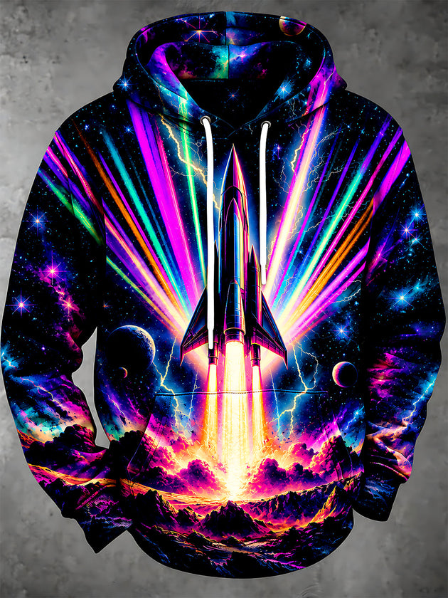 Adaychic Men's Long Sleeve Hoodie - Space Shuttle Launch With Neon Rays And Planets Print