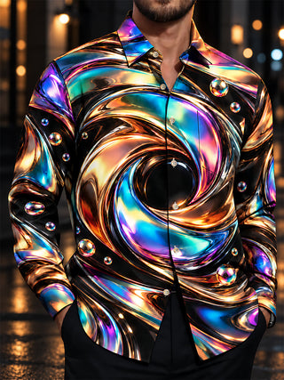 Adaychic Men's Long Sleeve Shirt - Abstract 3D Swirling Metallic Liquid And Spheres Print with Chest Pocket