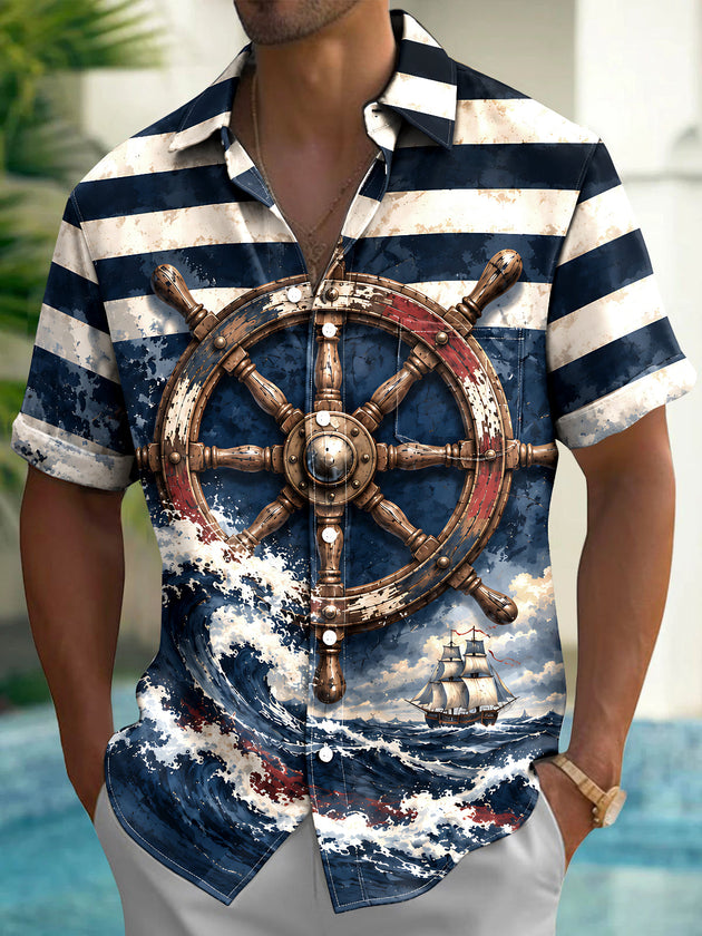 Adaychic Men's Ship Wheel And Sailboat On Waves Print Short Sleeve Shirt with Chest Pocket