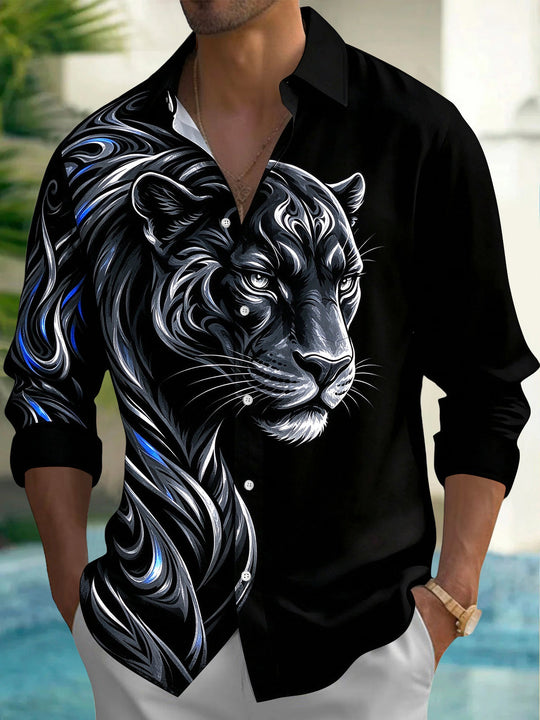 Adaychic Men's Long Sleeve Shirt - Stylized Tiger Head With Swirling Patterns Print with Chest Pocket