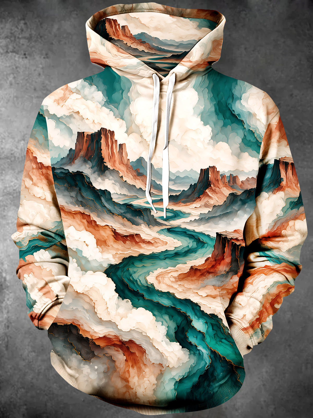 Adaychic Men's Long Sleeve Hoodie - Abstract Landscape With River And Mountains Print