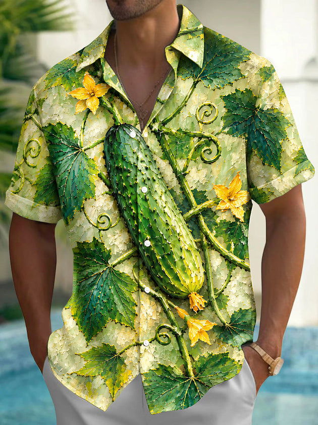 Adaychic Men's Hawaiian Cucumber And Vine Leaves Print Short Sleeve Shirt with Chest Pocket