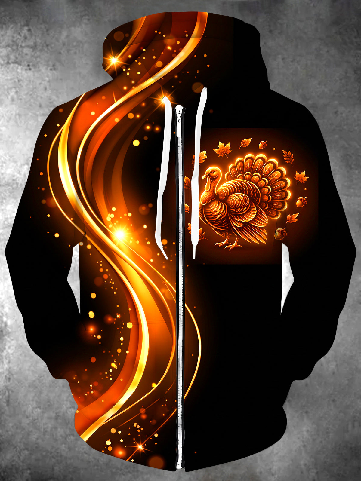 Adaychic Men's Long Sleeve Zip-Up Hoodie - Thanksgiving Turkey With Autumn Leaves And Acorns Print with Kangaroo Pocket