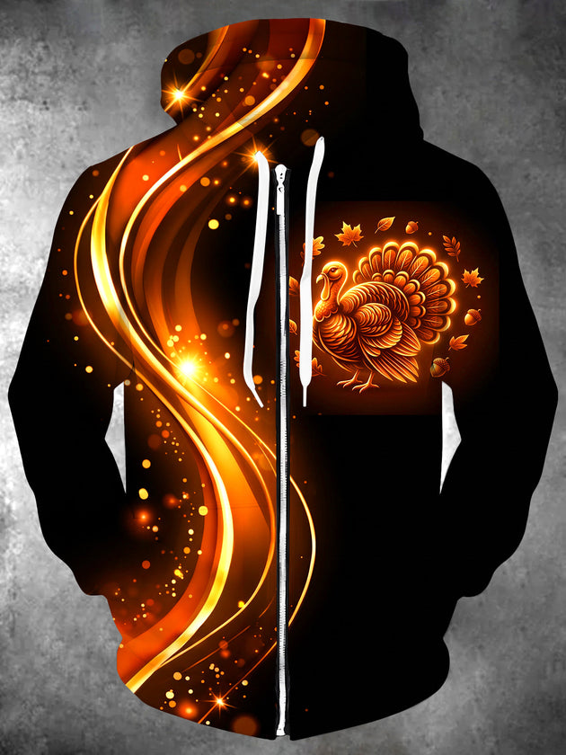 Adaychic Men's Long Sleeve Zip-Up Hoodie - Thanksgiving Turkey With Autumn Leaves And Acorns Print with Kangaroo Pocket