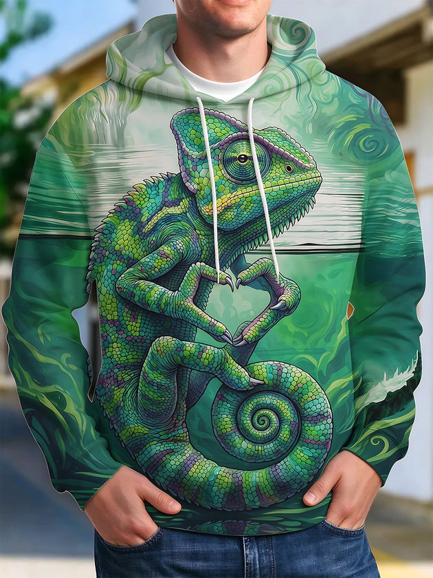 Adaychic Men's Graphic Chameleon Making Heart Gesture Print Long Sleeve Hoodie