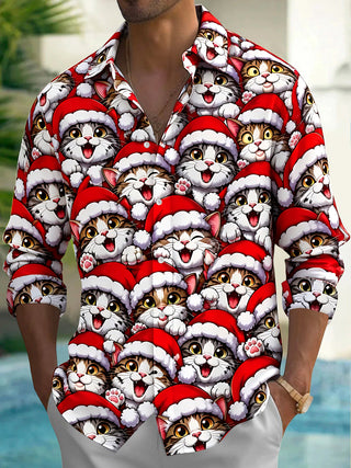 Adaychic Men's Graphic Cats Wearing Santa Hats Print Long Sleeve Shirt with Chest Pocket