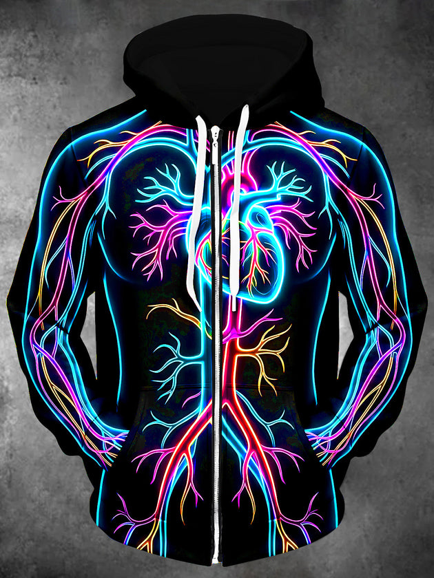 Adaychic Men's Long Sleeve Zip-Up Hoodie - Neon Human Vascular System And Heart Print